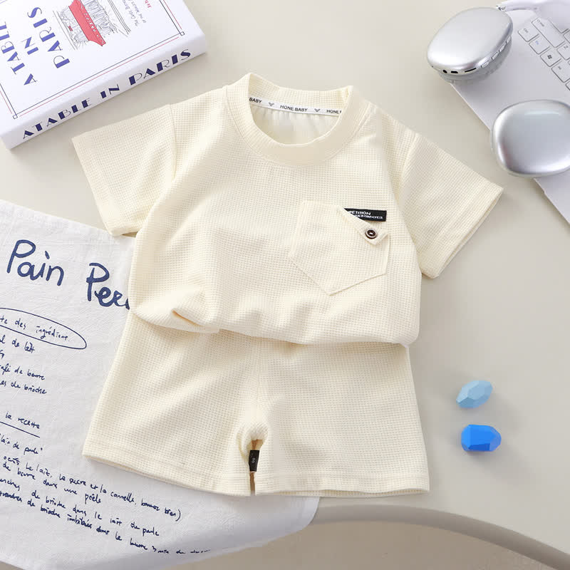 Kleinkind Set , Einfarbig Waffel Spitze mit Taschen und Shorts , 2-teilig - Weiß - 8-9J - image 9