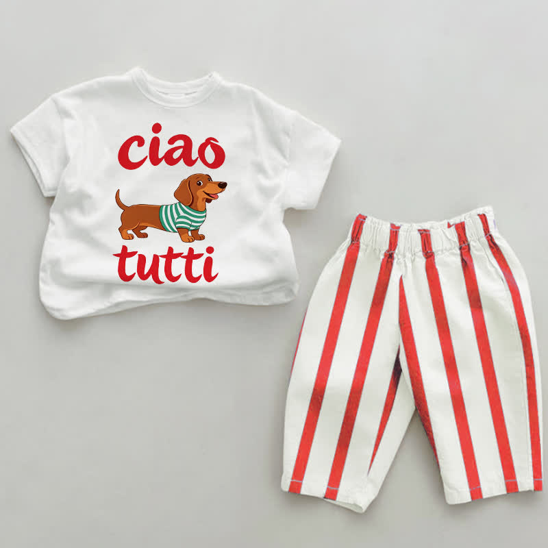 CIAO TUTTI Baby Dog Weiß & Rot Vertikal Streifen 2-teiliges Set - Weiß & Rot - 4-5J - image 1