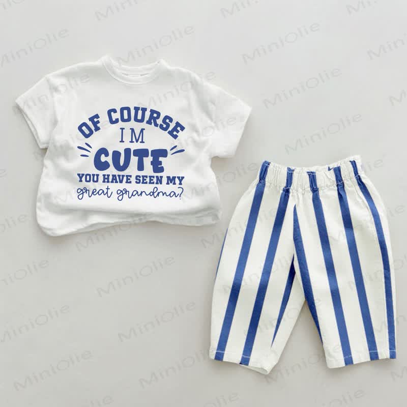 OF COURSE I'M CUTE YOU HAVE SEEN MY GREAT GRANDMA? Baby , vertikal Streifen 2-teiliges Set - Weiß & Blau - 2-3J - image 1