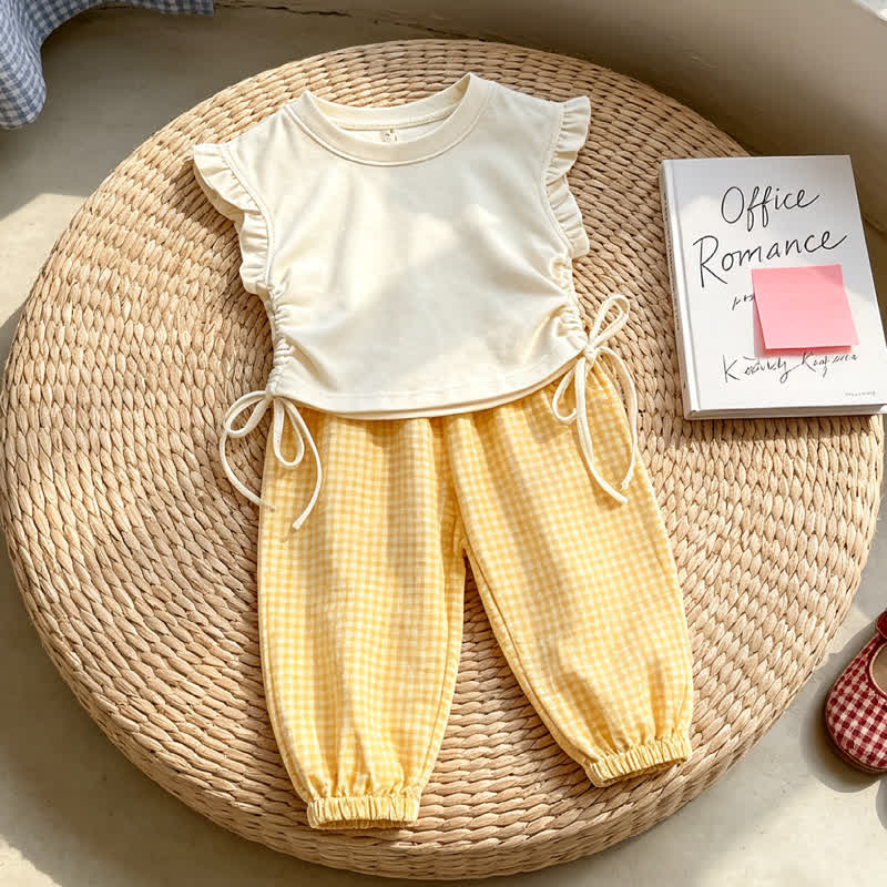 Beige ärmelloses Spitze und Gingham Hose , 2-teiliges Set für Kleinkind - Gelb - 8-10J - image 2