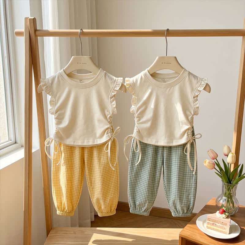 Beige ärmelloses Spitze und Gingham Hose , 2-teiliges Set für Kleinkind - image 4