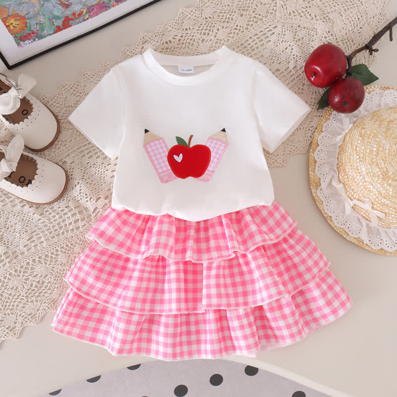 Zweiteiliges Set für Baby und Mädchen : T-Stück -Shirt mit Apfelapplikation und Rosa Rock - Weiß - 4-5J - image 1