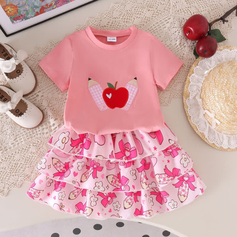 Zweiteiliges Set für Baby und Mädchen : T-Stück -Shirt mit Apfelapplikation und Rosa Rock - Rosa - 4-5J - image 2