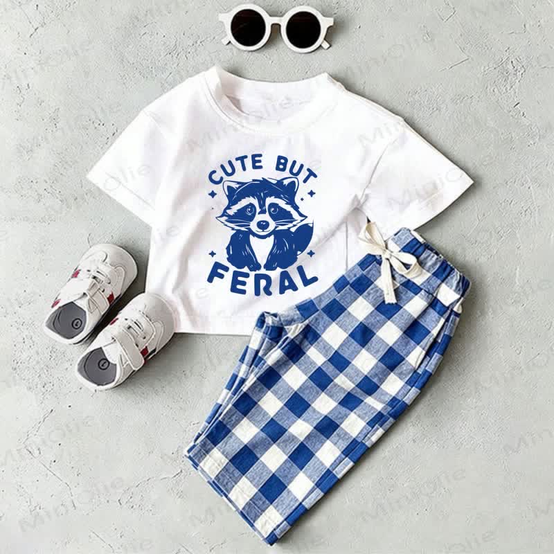 CUTE BUT FERAL Baby -T-Shirt in Weiß und Blau Plaid Hose , 2-teiliges Set - Weiß & Blau - 2-3J - image 1