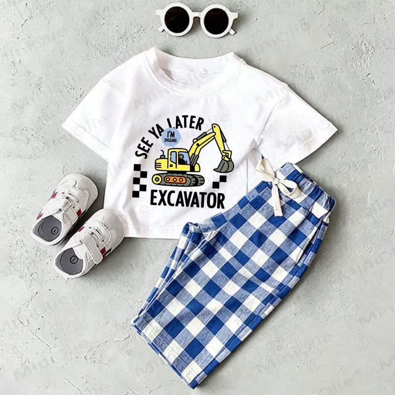 Bis SEE YA LATER I'M DIGGING EXCAVATOR! 2-teiliges Set: Weißes Baby T-Shirt und Blau Plaid Hose - Weiß & Blau - 2-3J - image 1