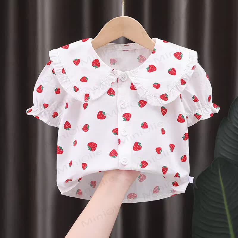 Baby Kleinkind Mädchen-T-Shirt mit Peter-Pan-Kragen und kurzen Ärmeln - Erdbeere - 6-7J - image 9
