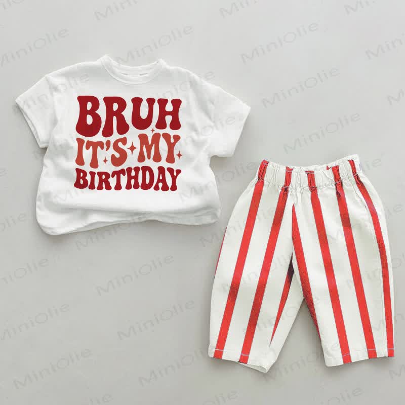 BRUH IT'S MY BIRTHDAY! Baby Weiß-Rot Streifen 2-teiliges Set - Weiß & Rot - 4-5J - image 1