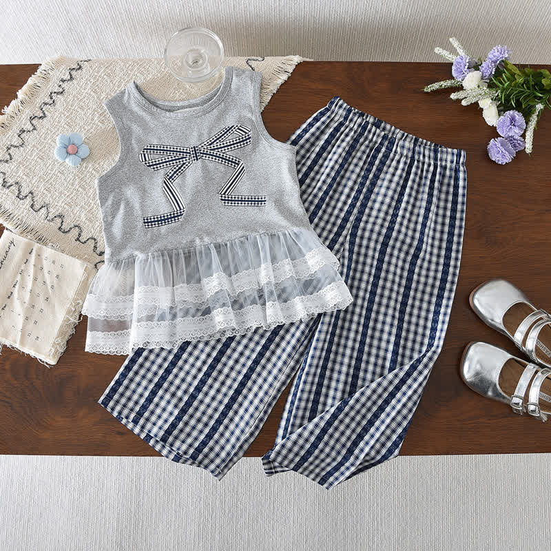 2-teiliges Set für Kleinkind : Schleife Spitze mit Schleifenmuster und Rüschen sowie Plaid Hose - Grau - 7Y - image 1