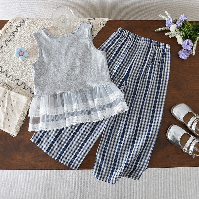 2-teiliges Set für Kleinkind : Schleife Spitze mit Schleifenmuster und Rüschen sowie Plaid Hose - image 2
