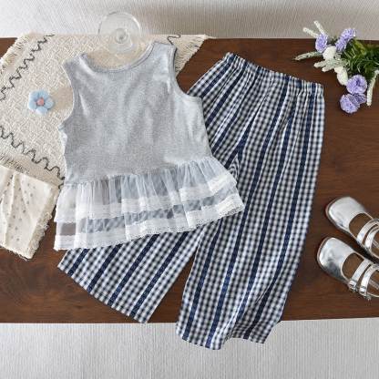 2-teiliges Set für Kleinkind : Schleife Spitze mit Schleifenmuster und Rüschen sowie Plaid Hose - image 2
