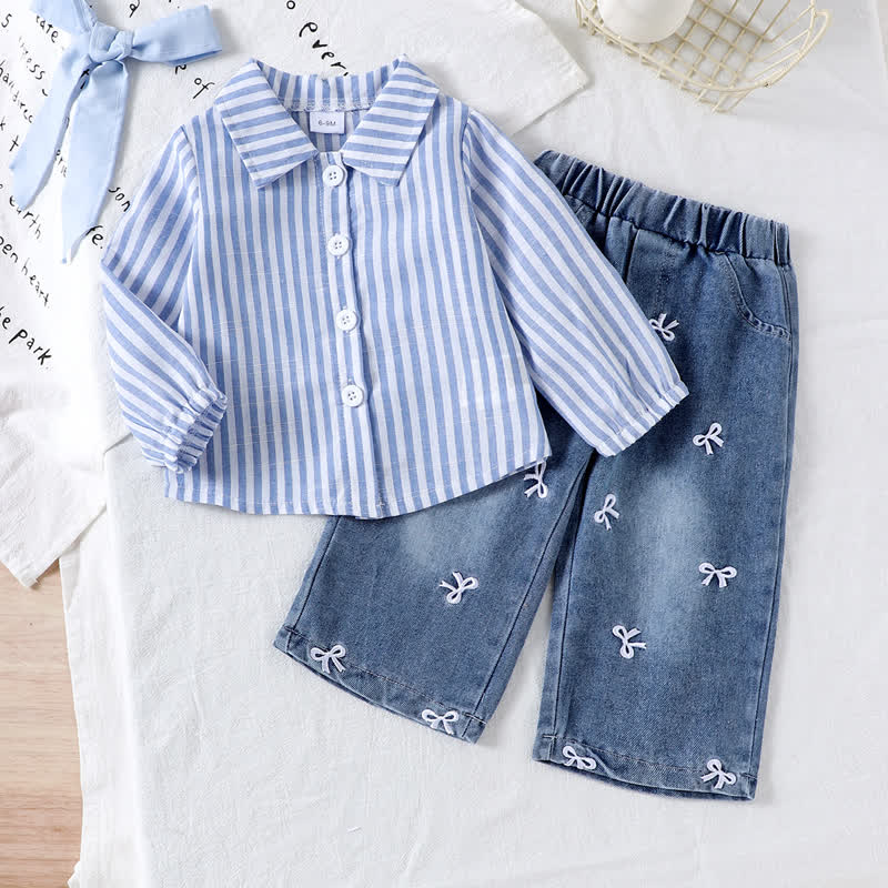 2-teiliges Set für Baby und Mädchen : Langarmshirt mit Schleife , Blau gestreift, und Denim - Blau - 2-3J - image 1