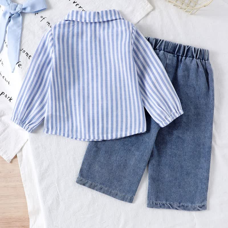2-teiliges Set für Baby und Mädchen : Langarmshirt mit Schleife , Blau gestreift, und Denim - image 2