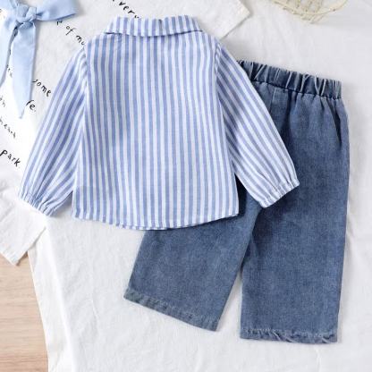 2-teiliges Set für Baby und Mädchen : Langarmshirt mit Schleife , Blau gestreift, und Denim - image 2