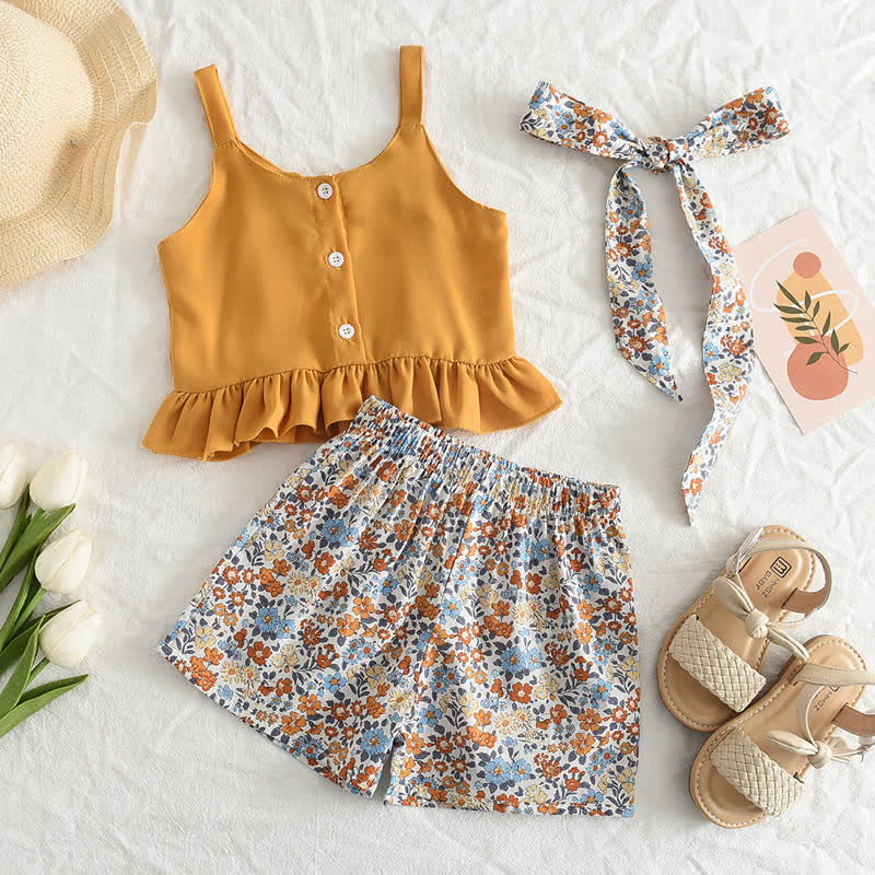 2-teiliges Set für Kleinkind : Rüschen-Camisole Spitze und Blumen Shorts - Gelb - 7Y - image 1