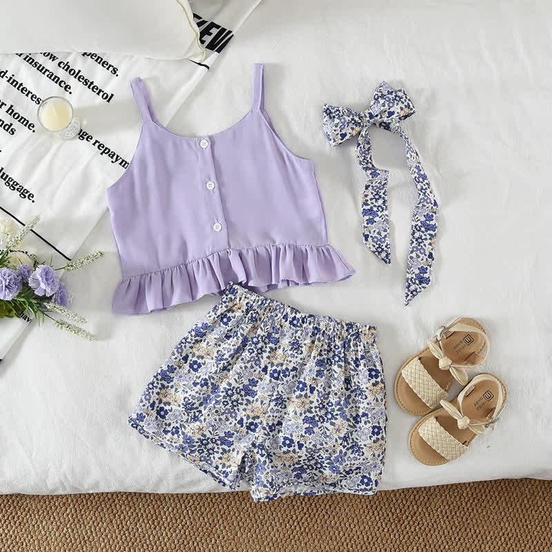 2-teiliges Set für Kleinkind : Rüschen-Camisole Spitze und Blumen Shorts - Lila - 7Y - image 2