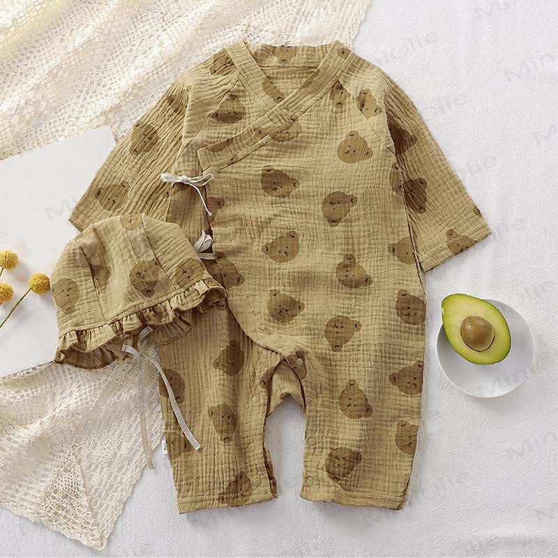 Baby / Strampler aus Blumen Gaze mit Rüschenmütze - Khaki Bär - 18-24M - image 9