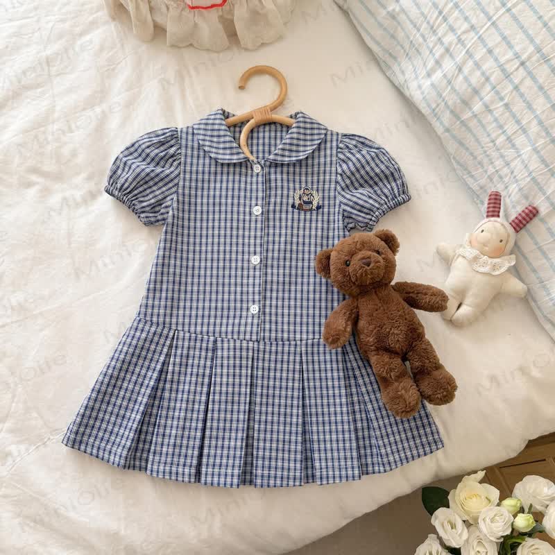 Kleinkind Baby Mädchen Marineblau Kleid mit Gingham und Puffärmeln - Marineblau - 8-9J - image 1