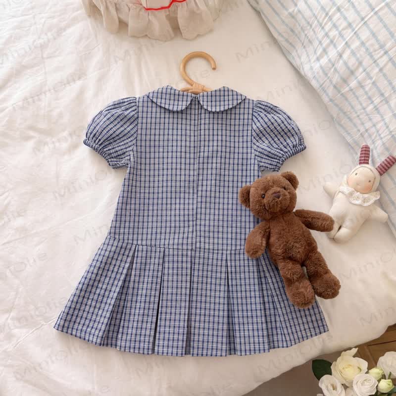 Kleinkind Baby Mädchen Marineblau Kleid mit Gingham und Puffärmeln - image 3