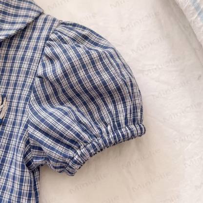 Kleinkind Baby Mädchen Marineblau Kleid mit Gingham und Puffärmeln - image 5