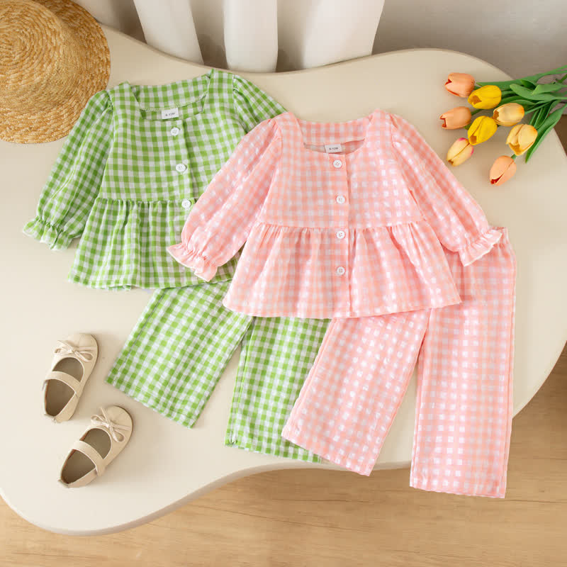 Zweiteiliges Set für Baby und Mädchen : Gingham Spitze und Hose - image 1