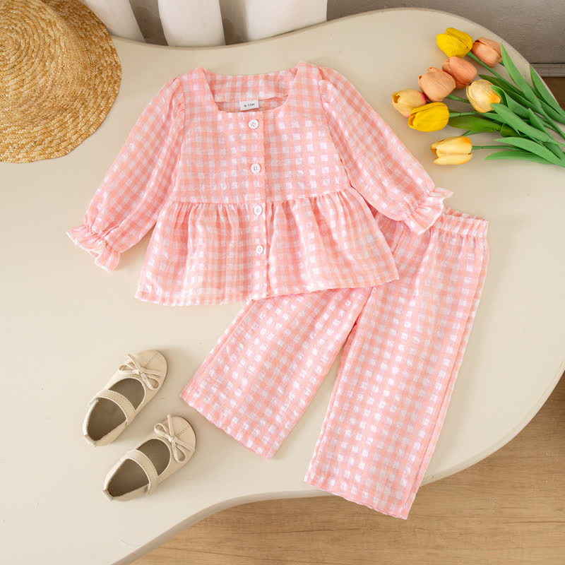 Zweiteiliges Set für Baby und Mädchen : Gingham Spitze und Hose - Rosa - 4-5J - image 3