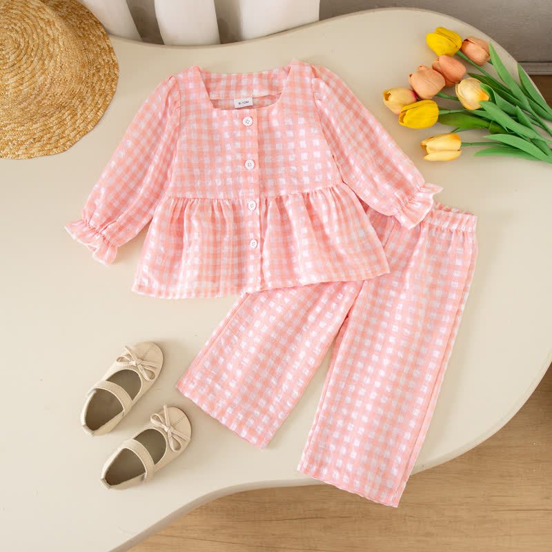 Zweiteiliges Set für Baby und Mädchen : Gingham Spitze und Hose - Rosa - 4-5J - image 3