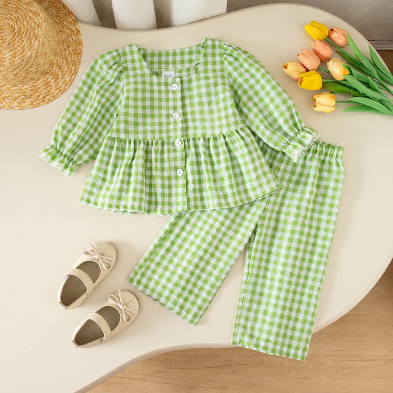 Zweiteiliges Set für Baby und Mädchen : Gingham Spitze und Hose - Grün - 4-5J - image 2