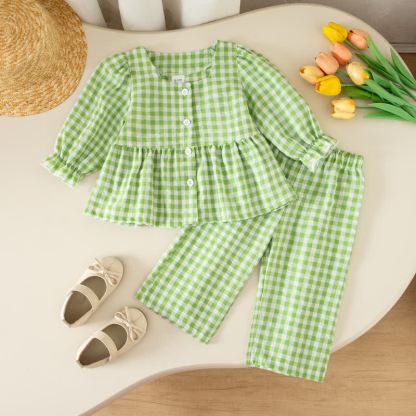 Zweiteiliges Set für Baby und Mädchen : Gingham Spitze und Hose - Grün - 4-5J - image 2