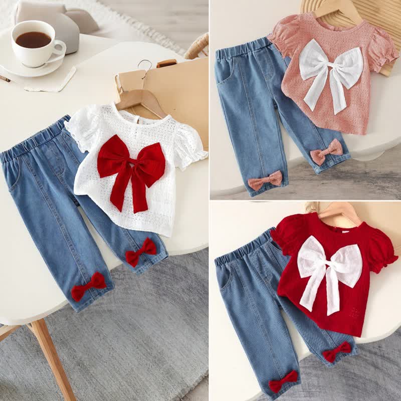 2-teiliges Set aus Spitze mit Schleife und Denim für Baby - image 1