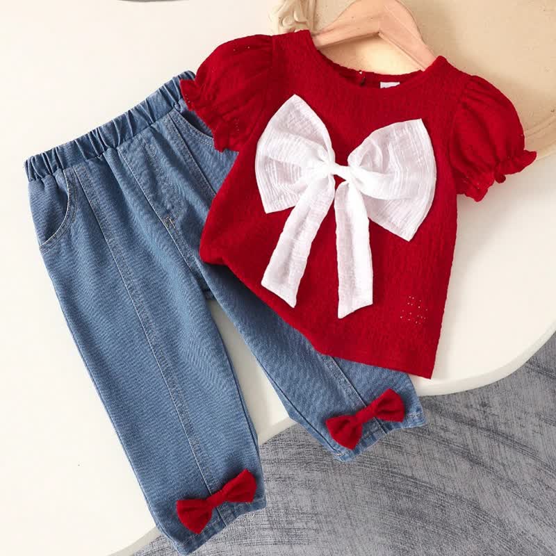 2-teiliges Set aus Spitze mit Schleife und Denim für Baby - Rot - 2-3J - image 2
