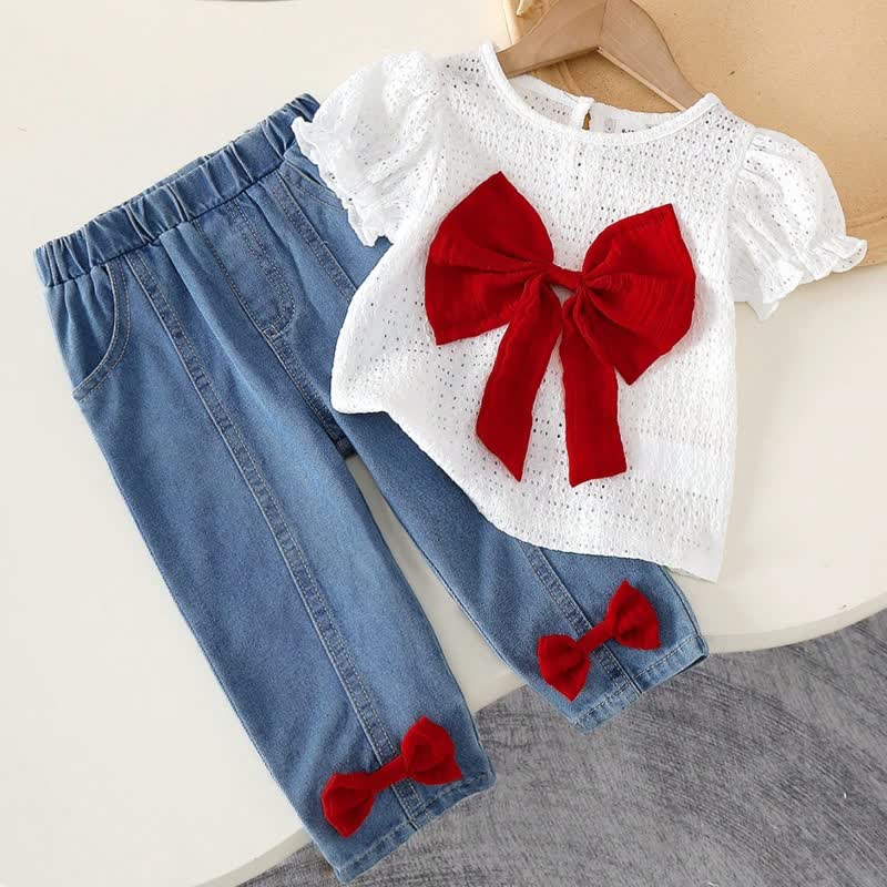 2-teiliges Set aus Spitze mit Schleife und Denim für Baby - Weiß - 2-3J - image 3