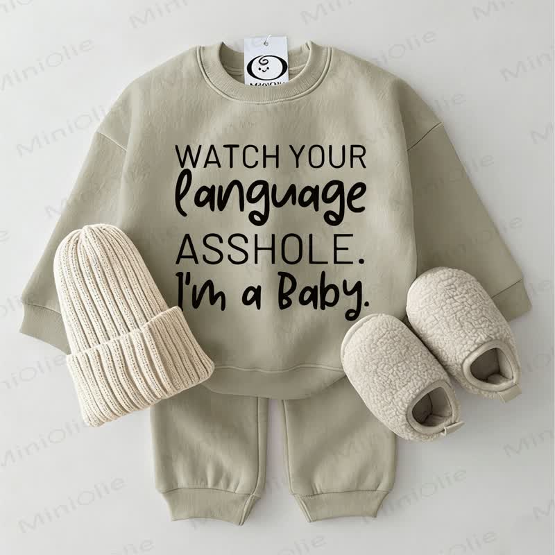 WATCH YOUR LANGUAGE ASSHOLE. I'M A BABY. Baby Grau Grün Sweatshirt -2-teiliges Set - Grau Grün - 2-3J - image 1