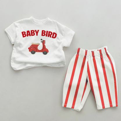 BABY BIRD Baby Weiß & Rot Vertikal Streifen 2-teiliges Set - Weiß & Rot - 4-5J - image 1