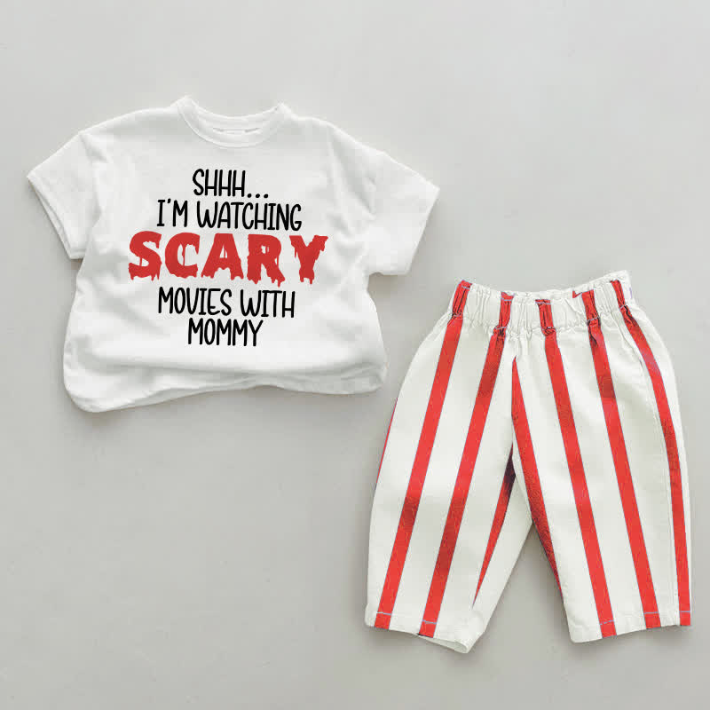 SHHH… I'M schaue gerade Gruselfilme mit Mama. Baby Set , weiß-rot Streifen, 2-teilig - Weiß & Rot - 4-5J - image 1