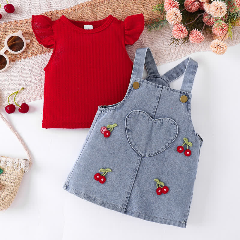 Ärmelloses Spitze und Kirsche Denim -Schürzenkleid für Baby ( 2-teiliges Set) - Rot - 2-3J - image 2