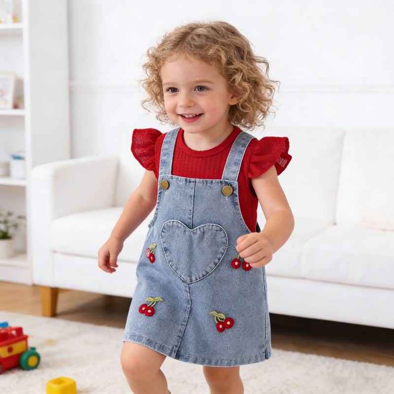 Ärmelloses Spitze und Kirsche Denim -Schürzenkleid für Baby ( 2-teiliges Set) - image 1