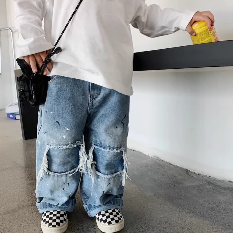Kleinkind-Jungen Blau Fransen Baggy Denim Hose - image 2