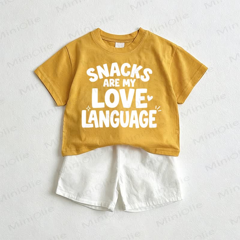 SNACKS ARE MY LOVE LANGUAGE Baby Slogan T-Stück and Shorts 2-teiliges Set - Gelb & Weiß - 3-5J - image 1