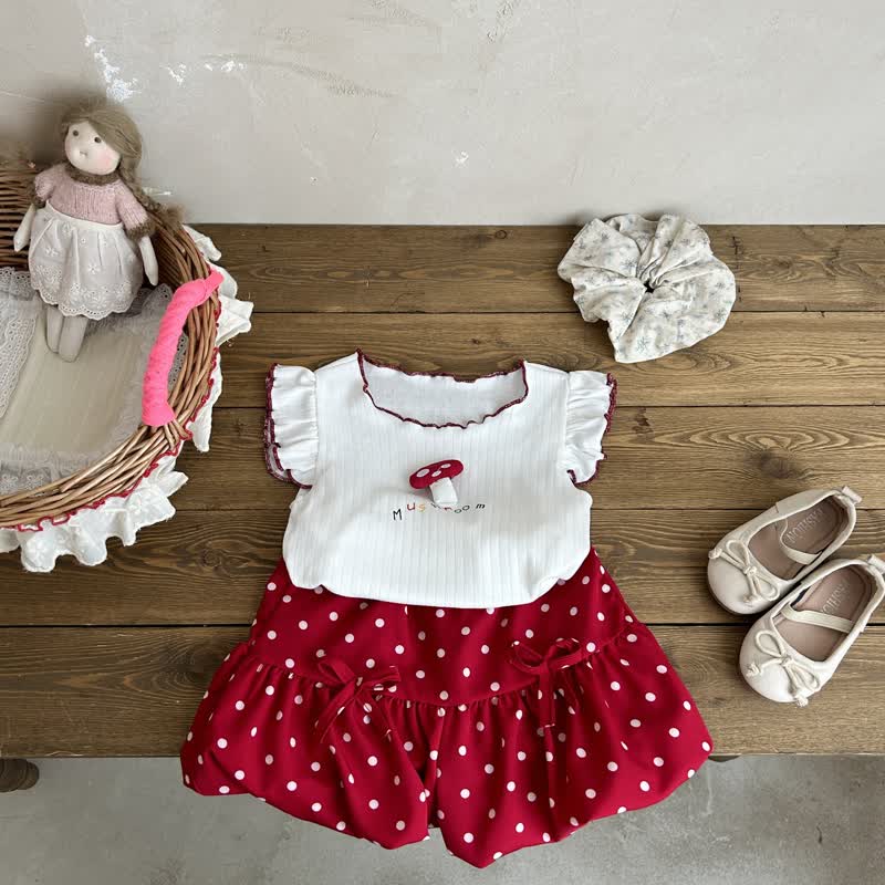 MUSHROOM Kleinkind Baby Mädchen Punktmuster Ärmelloses Spitze und Shorts 2-teiliges Set - Rot - 4-5J - image 3