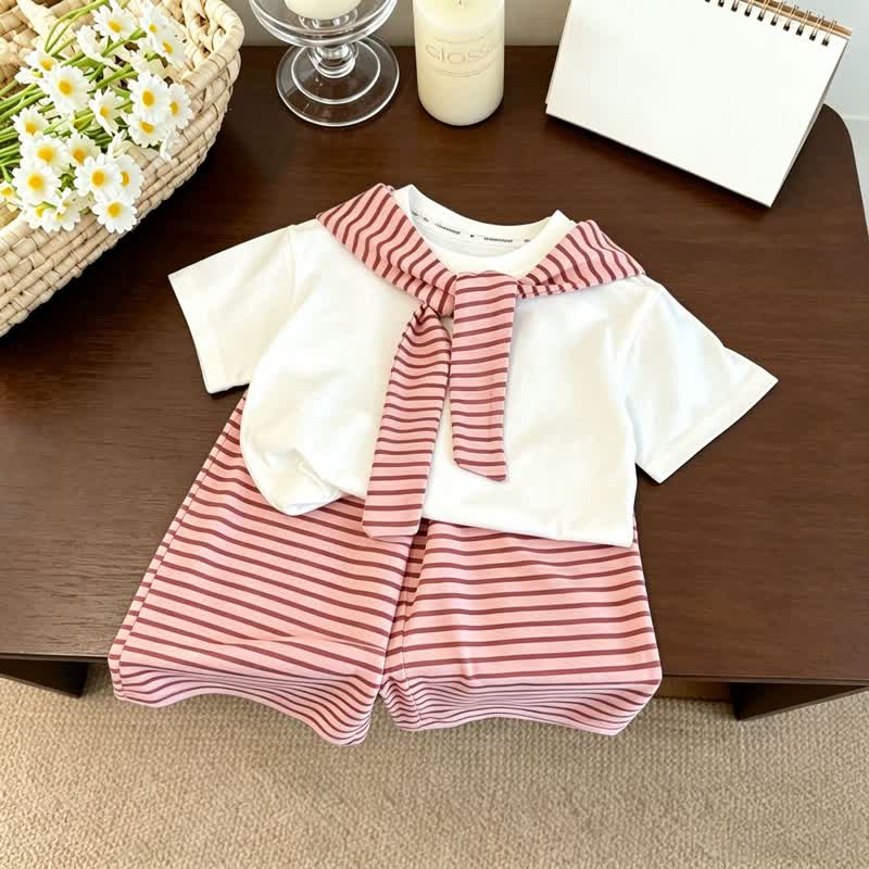 2-teiliges Set für Kleinkind-Mädchen : Streifen Lagen T-Stück Shirt und Shorts - Rosa - 10-11J - image 2