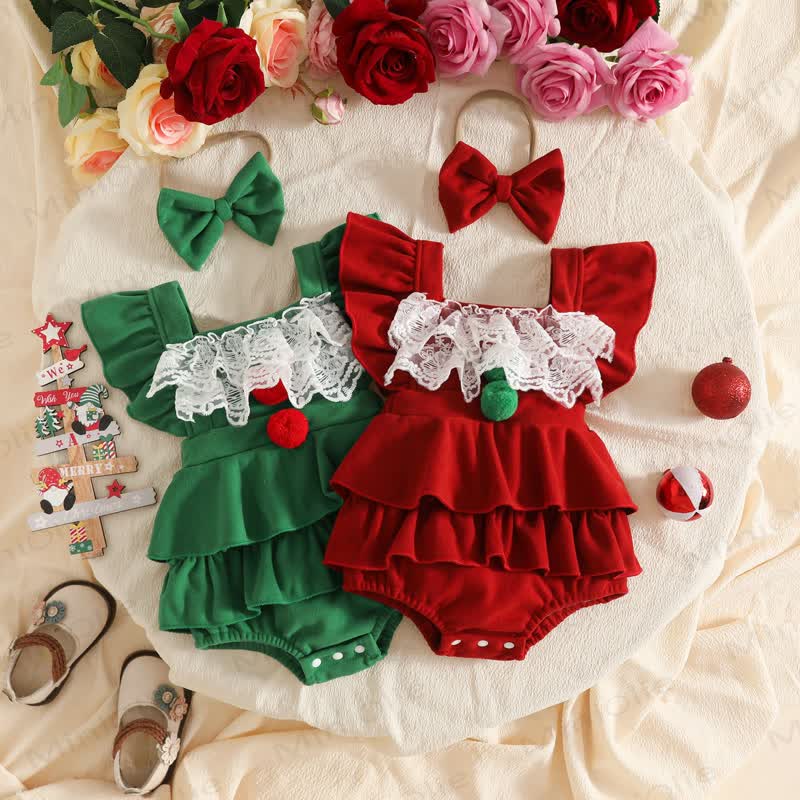 Baby Mädchen-Body aus Samt mit Spitze, Lace und Pompons - image 1