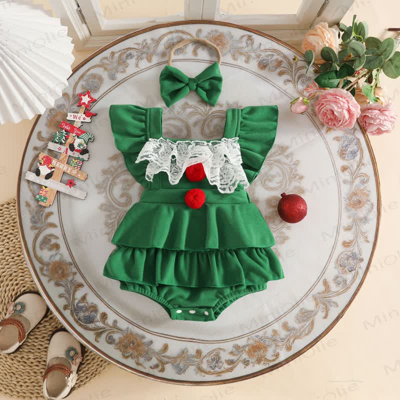 Baby Mädchen-Body aus Samt mit Spitze, Lace und Pompons - image 2