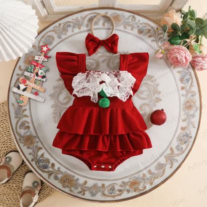 Baby Mädchen-Body aus Samt mit Spitze, Lace und Pompons - Rot - 12-18M - image 3