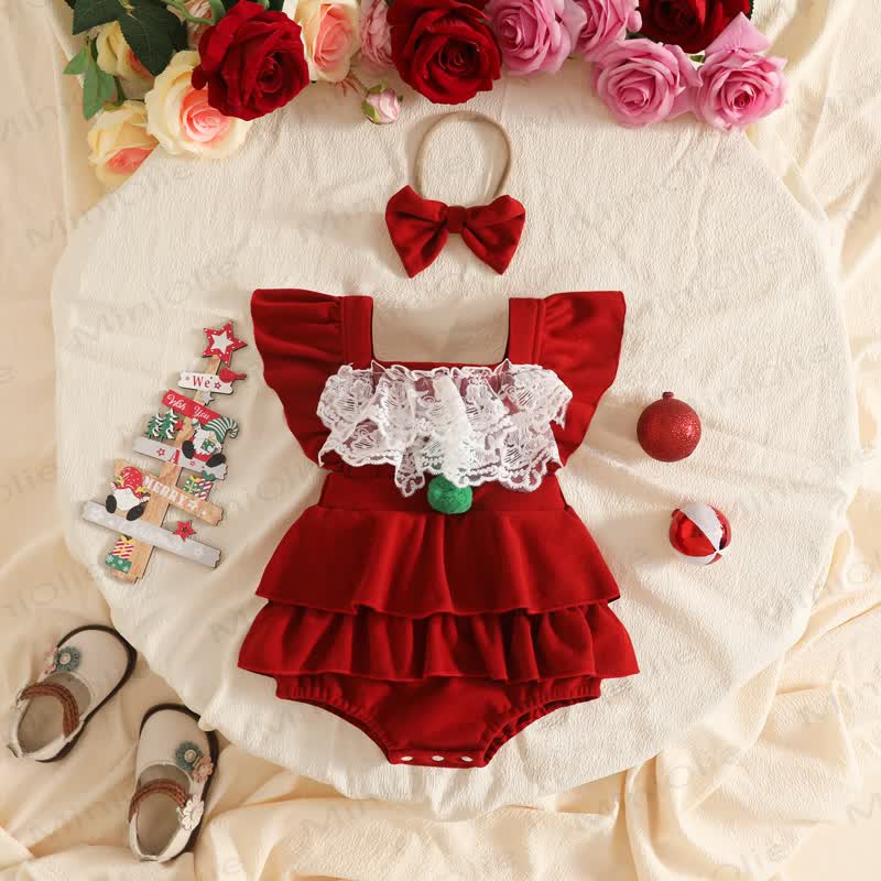 Baby Mädchen-Body aus Samt mit Spitze, Lace und Pompons - image 4