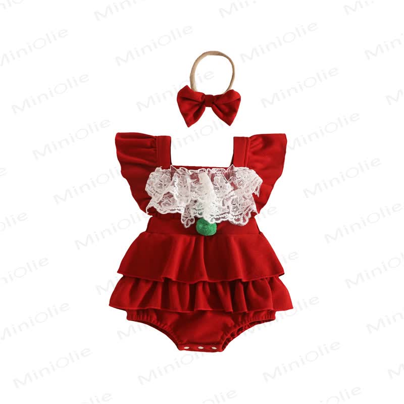 Baby Mädchen-Body aus Samt mit Spitze, Lace und Pompons - image 9