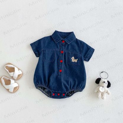 Baby Denim Bodysuit in Rot mit Druckknopfkragen - image 2