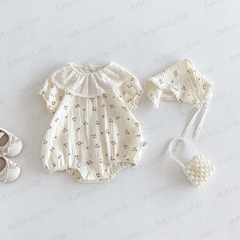 Baby Bodysuit im Blumen -Stil mit Blumenmuster, Rüschenkragen und passender Hut - image 4