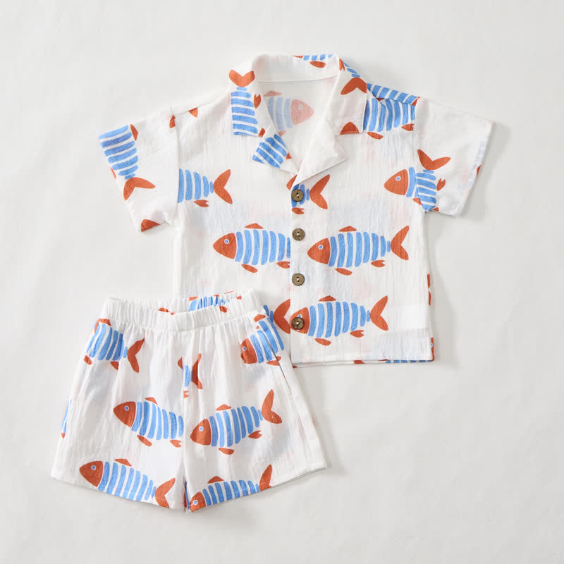 Zweiteiliges Set für Kleinkind-Jungen: Weißes Fisch -Shirt und Shorts - image 2