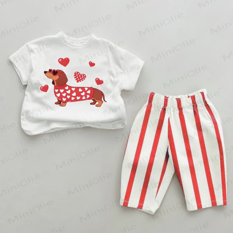 Baby Herz Dackel-Print, rot vertikal Streifen, 2-teiliges Set - Weiß & Rot - 4-5J - image 1