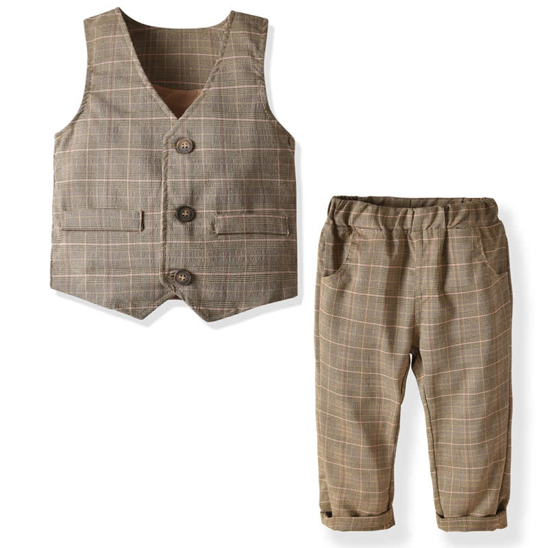 Vintage- Plaid Set für Kleinkind mit Schleife - Weste und Hose, 2-teiliges - 6-7J - image 4